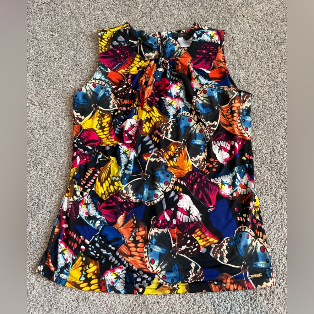BCBG Maxazria Sleeveless Y2K Aesthetic Bright Butterfly Graphic Blouse Shell S